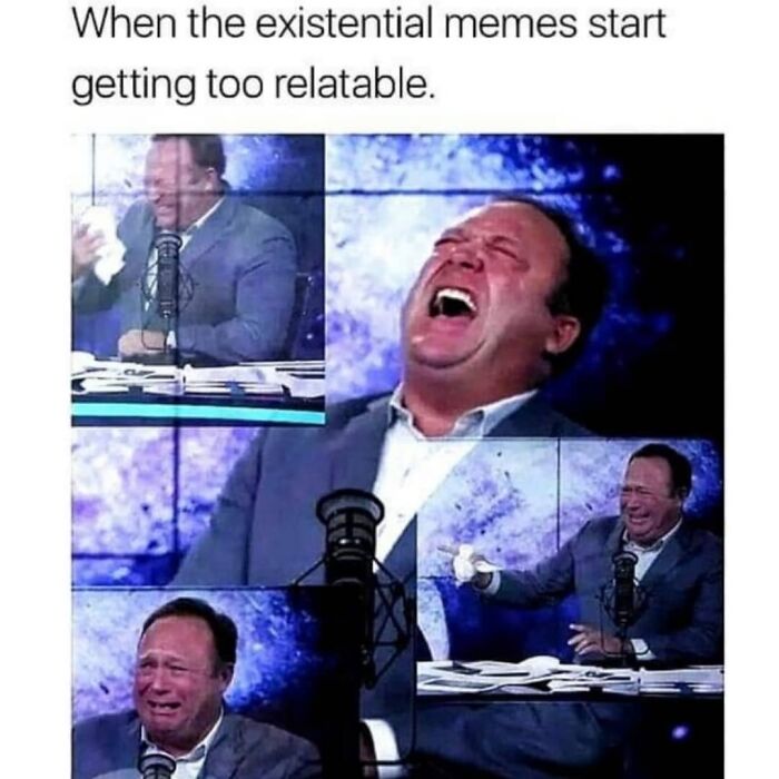 Man laughing and crying in different poses during a podcast, illustrating relatable philosophical memes and existential humor.