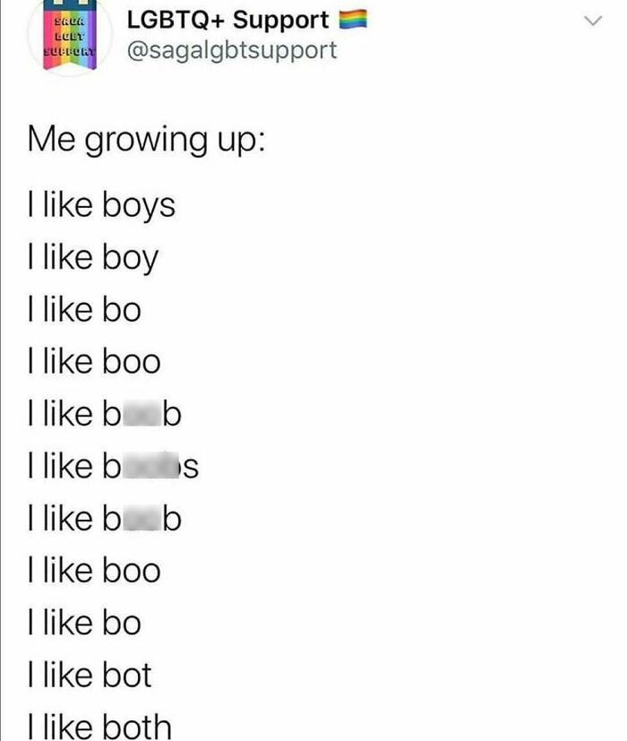 Instagram post from an LGBTQ+ support page showing a humorous text meme about growing up and s****l orientation.
