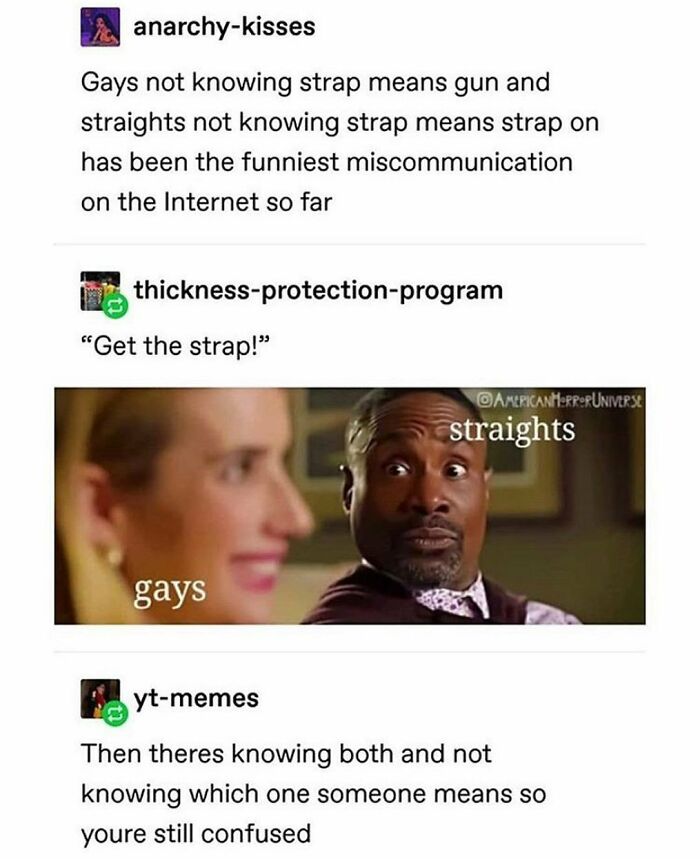 Humorous LGBTQ+ meme about misunderstanding the word strap between gays and straights on social media.