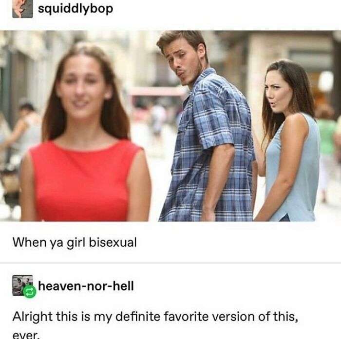 Man in a blue plaid shirt looking at a woman in red, with another woman looking annoyed, LGBTQ+ memes humor.