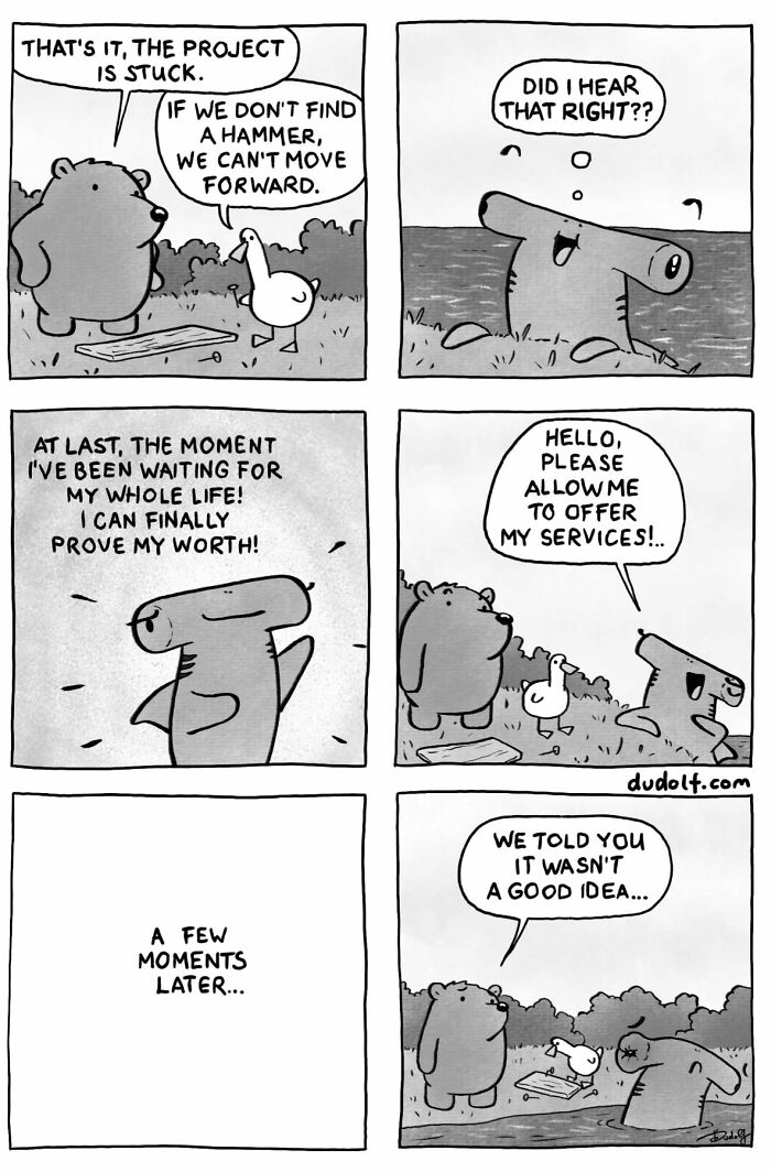 Black and white chuckleworthy comic showing animals struggling to fix a project without a hammer.