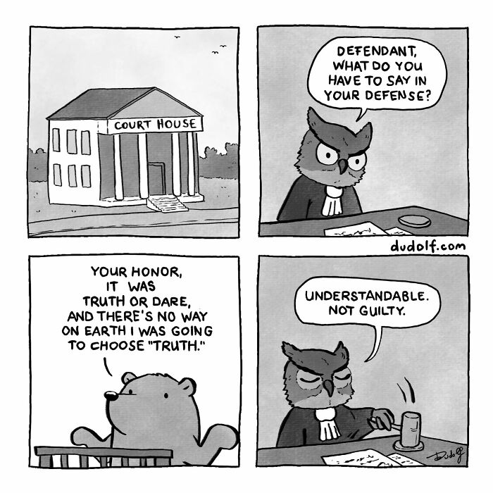 Comic artist's chuckleworthy courtroom scene with owl judge and bear defendant in a humorous legal comic strip.