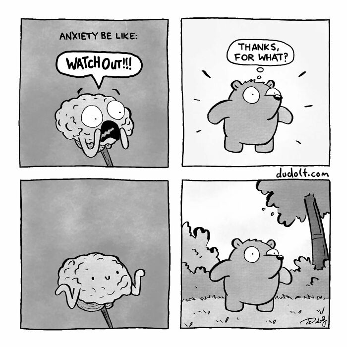 Black and white chuckleworthy comics featuring a brain and bear illustrating anxiety in a humorous way.