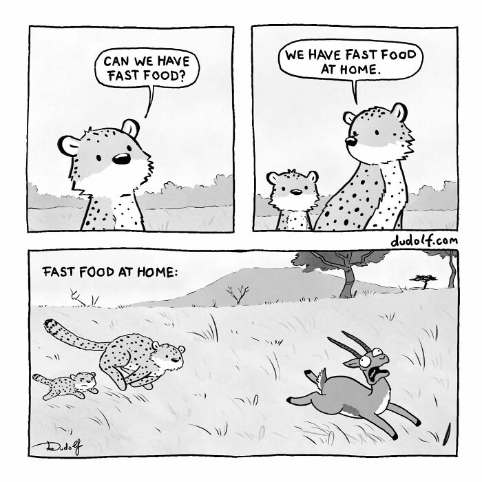 Comic strip by artist showing chuckleworthy comics with a cheetah family hunting as fast food at home.