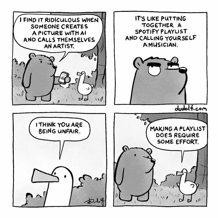 Comic strip by artist featuring animals debating AI art and playlists, showcasing chuckleworthy comics with humorous dialogue.