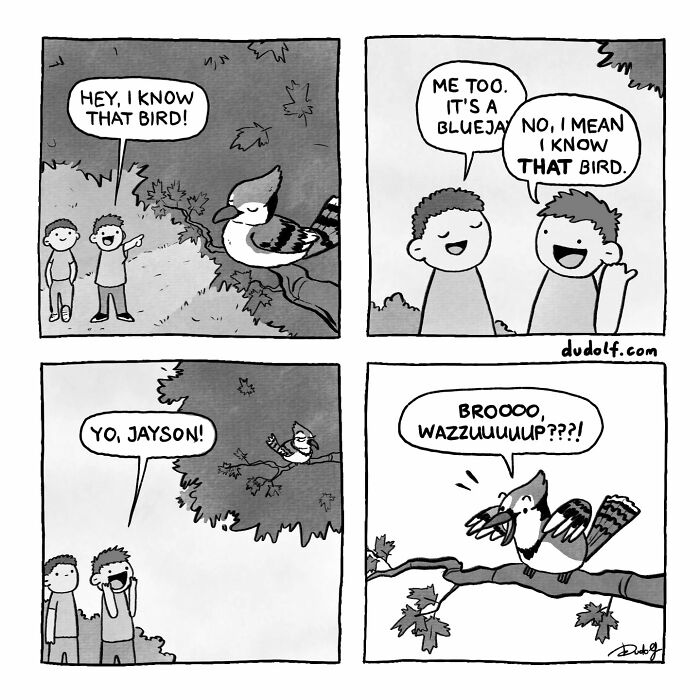Black and white comic strip showing two boys recognizing a bird, featuring chuckleworthy comics by an artist.