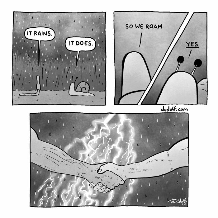 Comic panels showing a worm and snail talking in the rain, followed by two hands shaking amid lightning, a chuckleworthy comic.