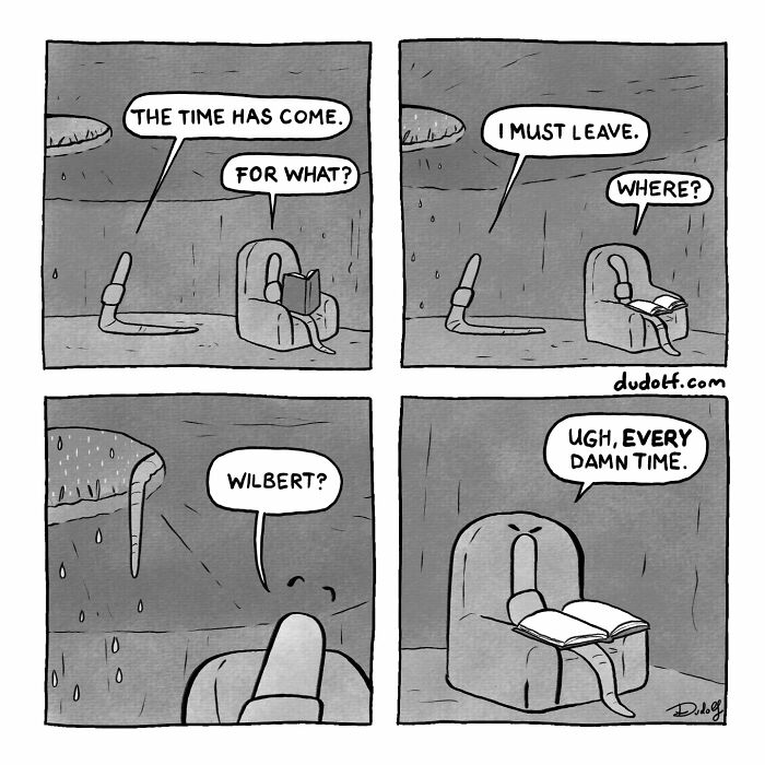 Black and white chuckleworthy comic panels featuring two characters in a rainy setting with a humorous dialogue.