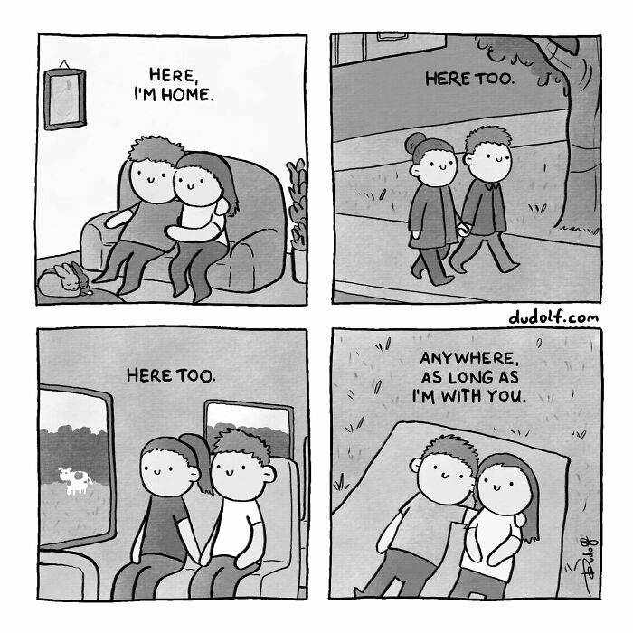 Couple in a chuckleworthy comic by artist Dudolf, showing different scenes of togetherness with simple, heartwarming illustrations.