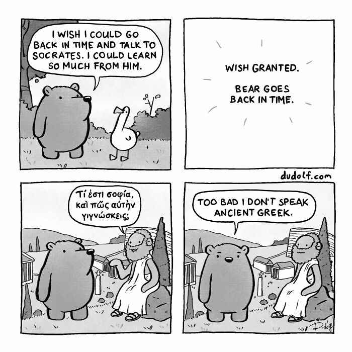 Comic strip by artist featuring a bear with Socrates, showcasing chuckleworthy comics about time travel and language.