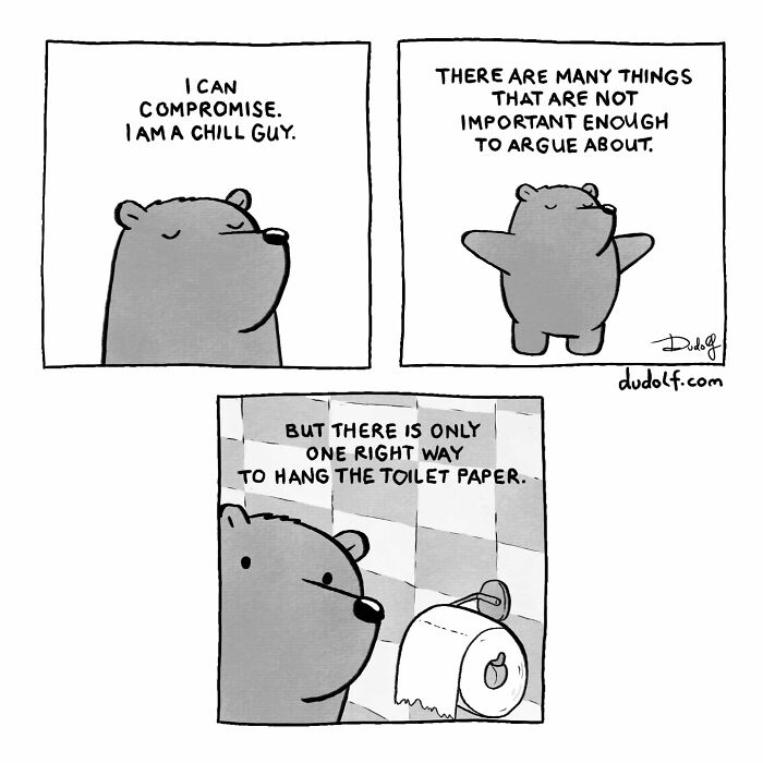 Comic strip featuring a bear humorously discussing compromise and the right way to hang toilet paper, with chuckleworthy comics style.