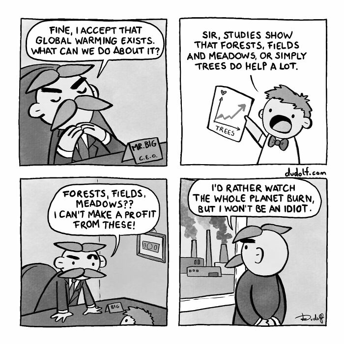 Chuckleworthy comic panels showing a CEO rejecting environmental solutions despite climate change evidence.
