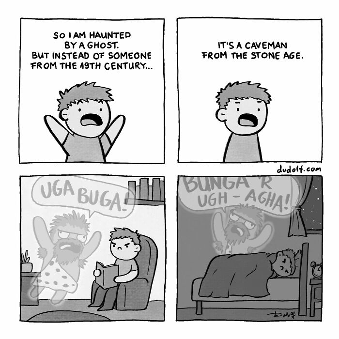 Black and white chuckleworthy comic showing a ghost caveman haunting a modern boy in various scenes.