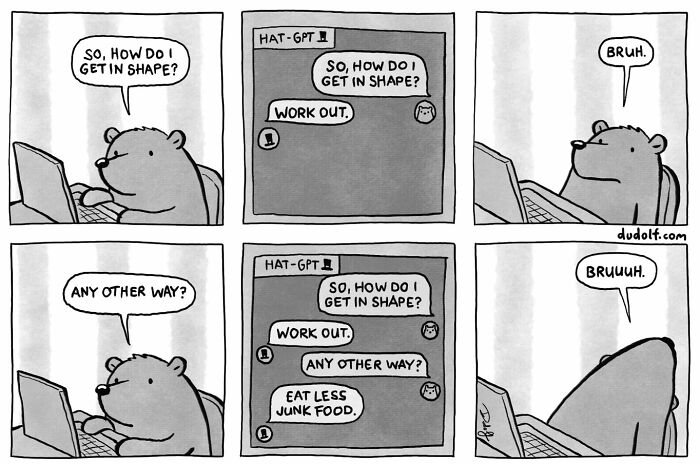Comic strip by artist showing a bear chatting with AI about getting in shape in a chuckleworthy style.