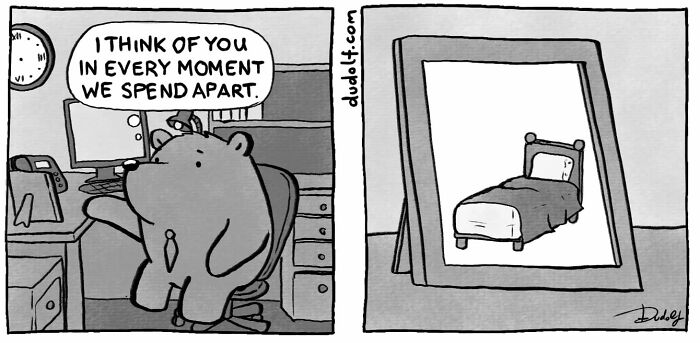 Chuckleworthy comic featuring a bear at a desk thinking of someone, paired with a framed picture of a bed.