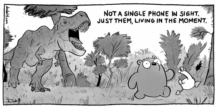 Black and white chuckleworthy comic panel showing a T-Rex and two cartoon animals enjoying the moment in a forest.