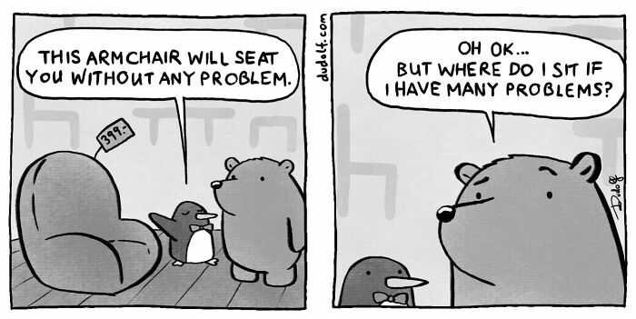Comic panel showing a penguin and bear discussing a humorous armchair, part of chuckleworthy comics by the artist.