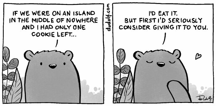 Chuckleworthy comic featuring a bear humorously debating whether to share the last cookie on a deserted island.