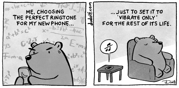 Bear in comic choosing ringtone for phone, then setting it to vibrate only in a chuckleworthy comic strip style.