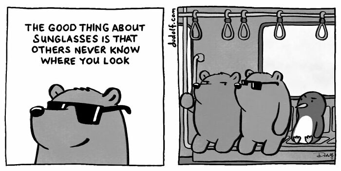 Comic panel showing a bear wearing sunglasses with a caption about sunglasses and others not knowing where you look.