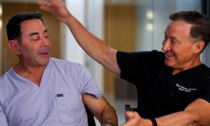 Two plastic surgeons engaging in a lively conversation about fixing botched operations and before-after results.