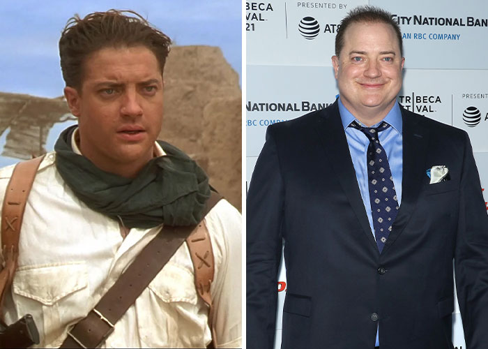Actor Brendan Fraser in a side-by-side comparison from a 90s movie scene and a recent red carpet event, unrecognizable now.