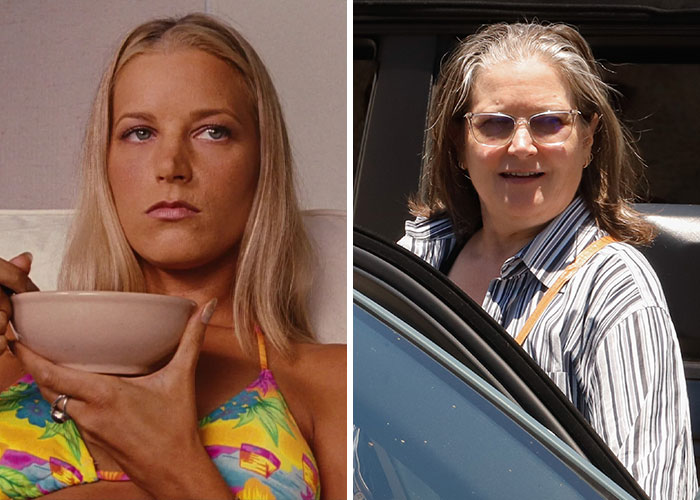Split image showing a '90s star in a colorful bathing suit on the left and the same star older and unrecognizable now on the right.