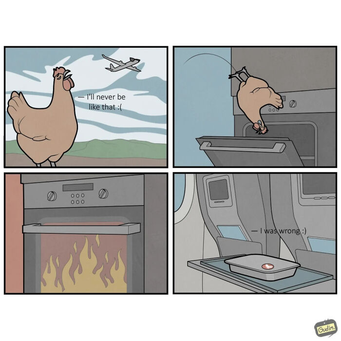 Absurd comic by Anton Gudim shows a chicken dreaming of flight but ending up cooked, highlighting society’s ironic commentary.