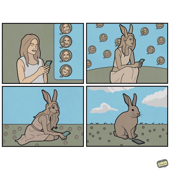 Absurd comic panels showing a woman transforming into a rabbit while interacting with social media on her phone.