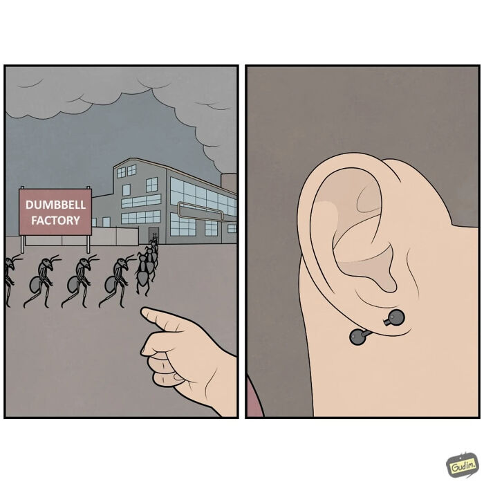 Absurd comic by Anton Gudim shows ants entering dumbbell factory and dumbbells as earrings in a social commentary style.