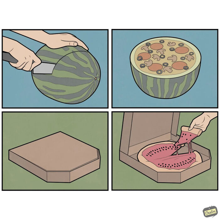 Absurd comic showing a pizza made from a hollowed watermelon, serving as commentary on today’s society by Anton Gudim.