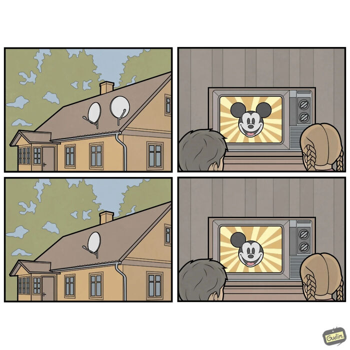Absurd comic panels showing a house with satellite dishes and children watching a TV with a cartoon character, society commentary.