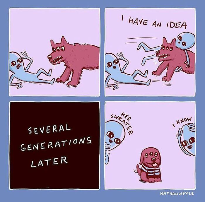 Cartoon dog and person in a funny meme sequence showing a relatable dog with a sweater across generations.