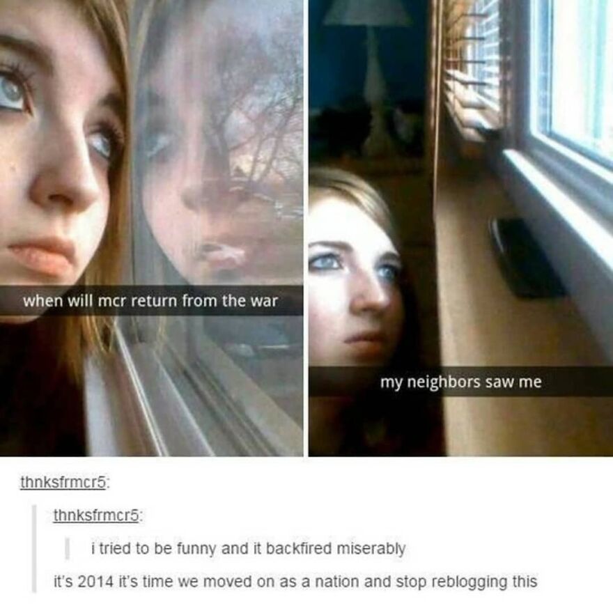 Teen girl looking out a window with captions about My Chemical Romance, part of totally true stories collection.