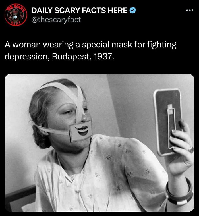 A woman in 1937 Budapest wearing a special mask to fight depression, illustrating daily scary facts about mental health.