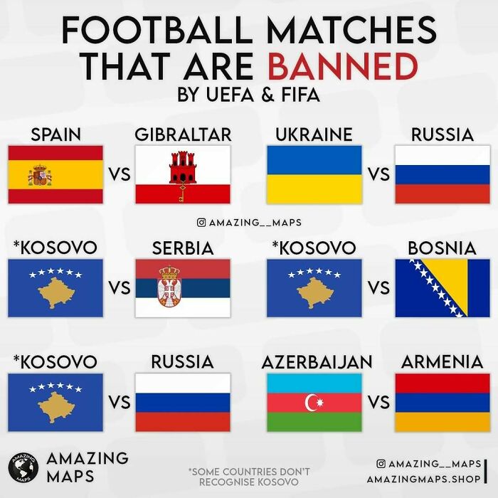 Map showing football matches banned by UEFA and FIFA between countries, highlighting geopolitical conflicts and restrictions.