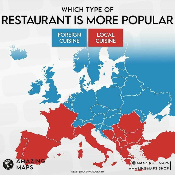 Map showing popularity of foreign versus local cuisine restaurants across Europe, highlighting food preferences from Amazing Maps.
