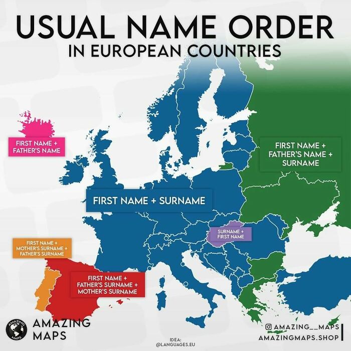 Map showing usual name order in European countries with color codes for different naming conventions, from Amazing Maps collection.