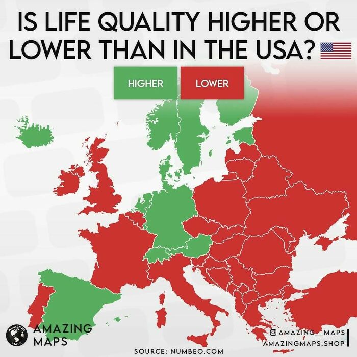 Map showing life quality in Europe compared to the USA with countries colored higher or lower, an amazing map perspective.