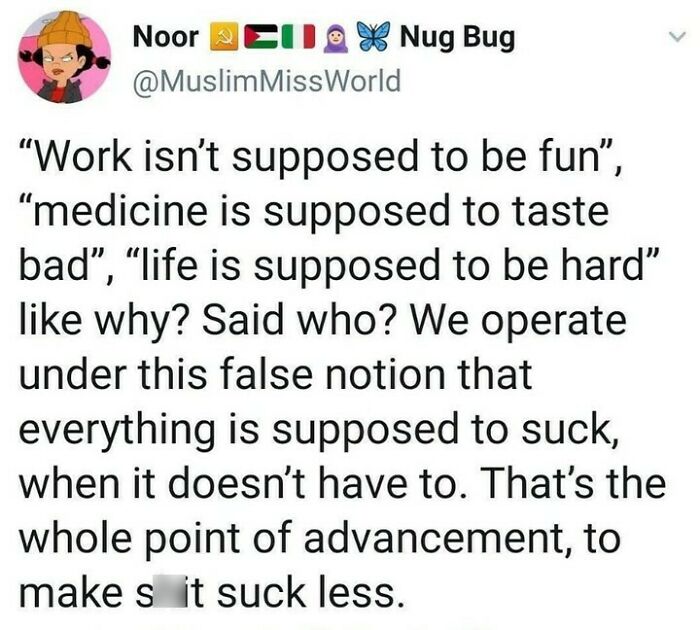 Tweet discussing common sayings about life being hard, questioning nihilism and false notions about suffering in casual nihilism memes.