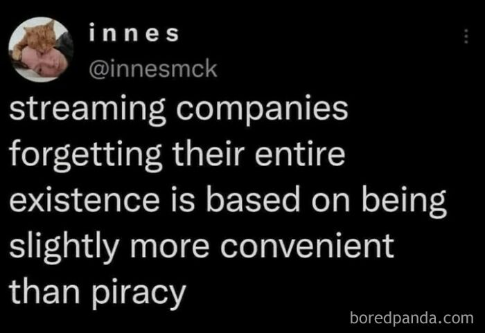 Meme about streaming companies forgetting their existence relies on being more convenient than piracy, casual nihilism humor.