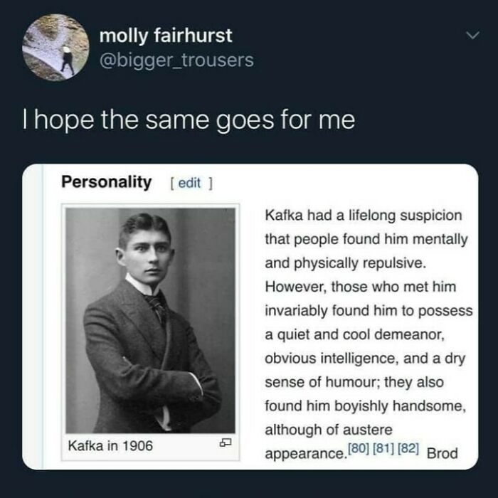 Meme showing a tweet about Kafka's personality, featuring relatable casual nihilism humor and vintage black and white photo.