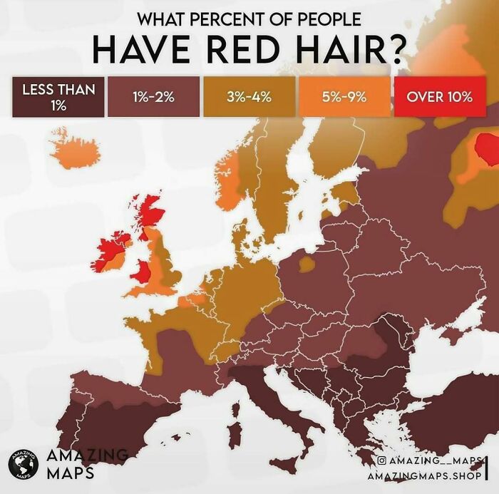 Map of Europe showing the percentage of people with red hair using color-coded regions in an amazing maps style.