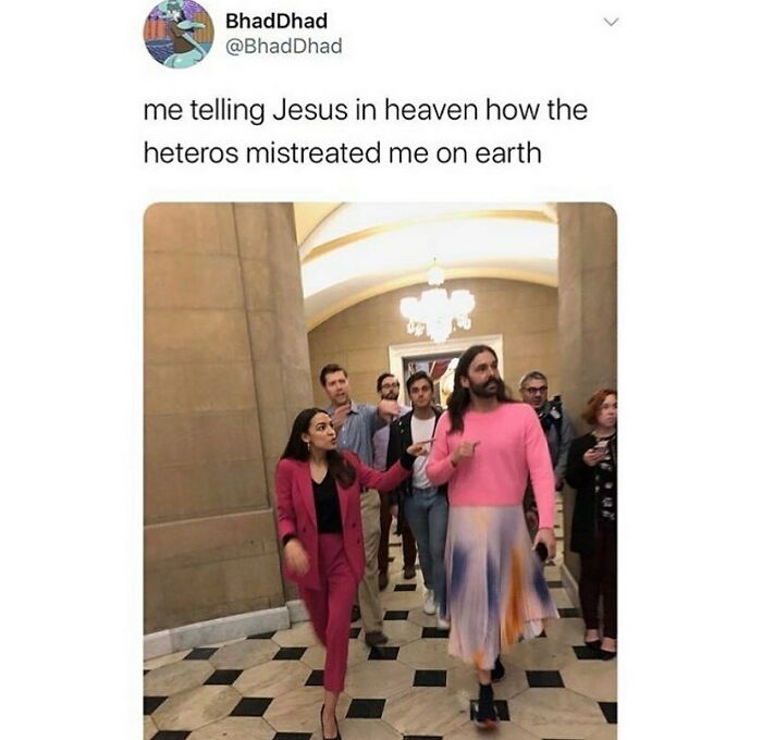 LGBTQ+ memes showing a group walking indoors, with a man in a pink sweater and skirt leading the way.