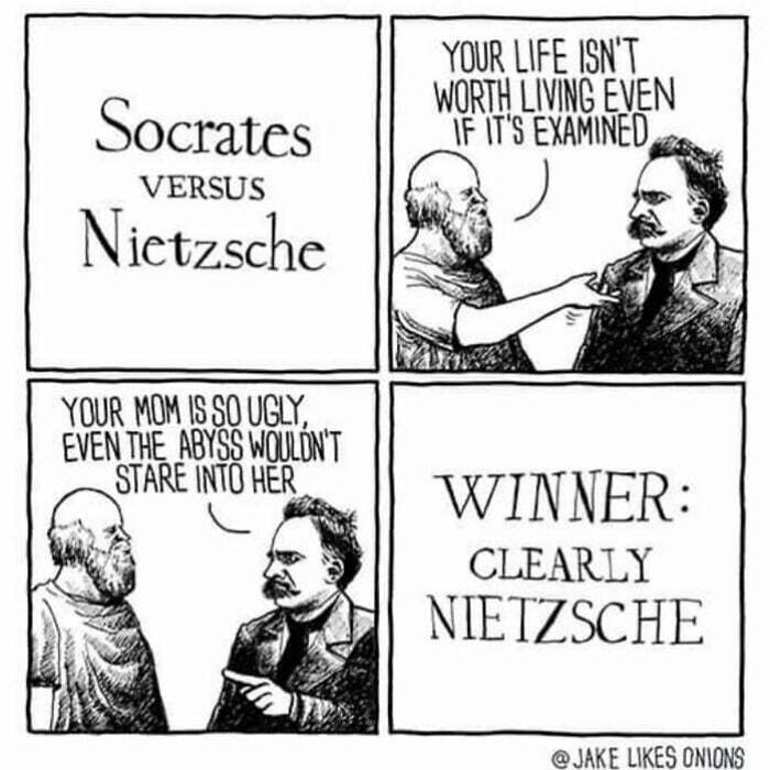 Philosophical meme showing Socrates and Nietzsche in a humorous debate highlighting sharp wit and clever insults.