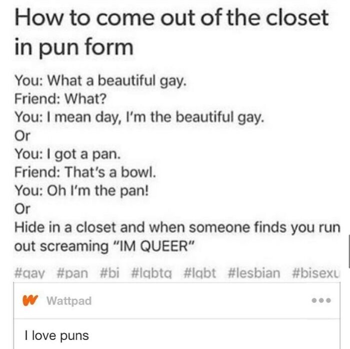 Text meme showing puns about coming out of the closet with LGBTQ+ humor shared on an LGBTQ+ memes Instagram page.