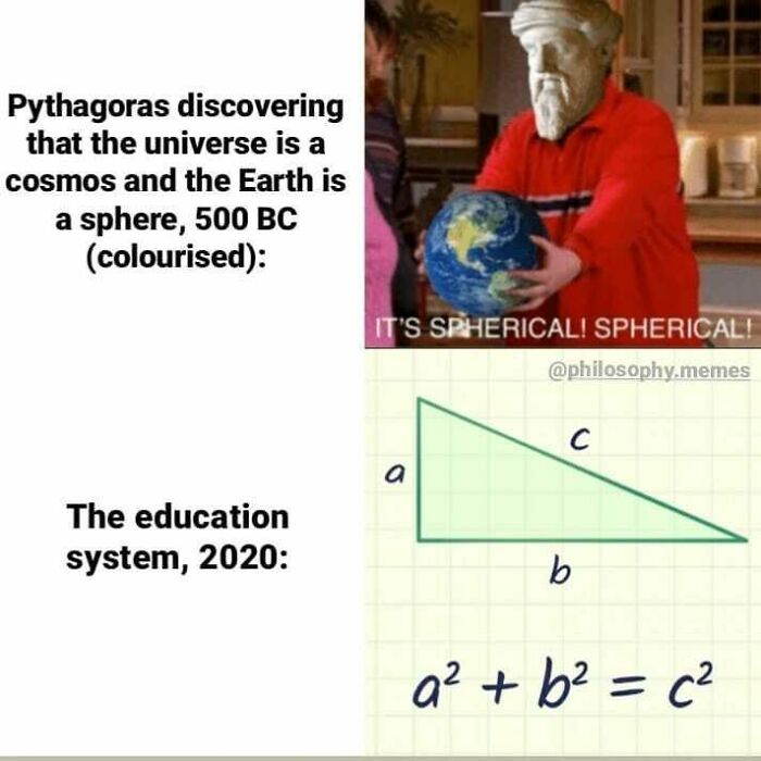 Philosophical meme showing Pythagoras amazed by the spherical Earth contrasted with a simple right triangle math formula.