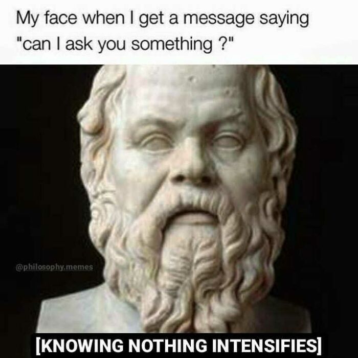 Marble bust of philosopher with caption about knowing nothing, a humorous philosophical meme to make you think.