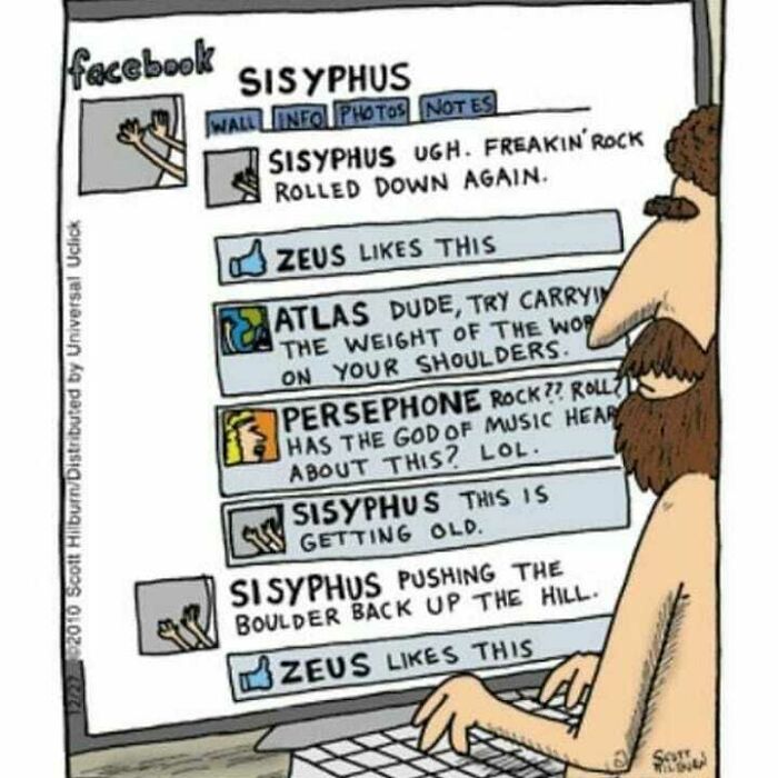 Philosophical meme showing Sisyphus on Facebook complaining about his rock with comments from Zeus, Atlas, and Persephone.