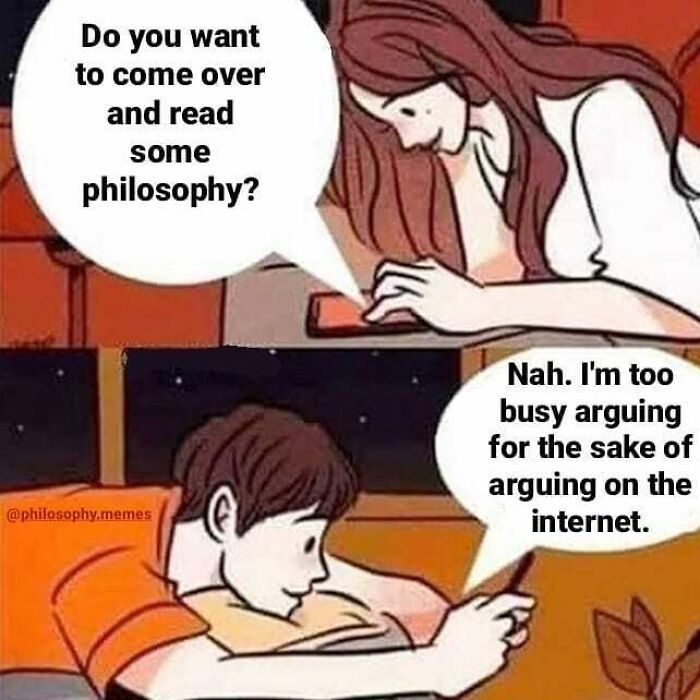 A comic meme showing a woman inviting a man to read philosophy while he is busy arguing online.